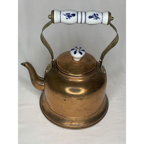 Vintage Double Goose Copper Kettle Tea Pot with Porcelain Handle Goose Neck‎
